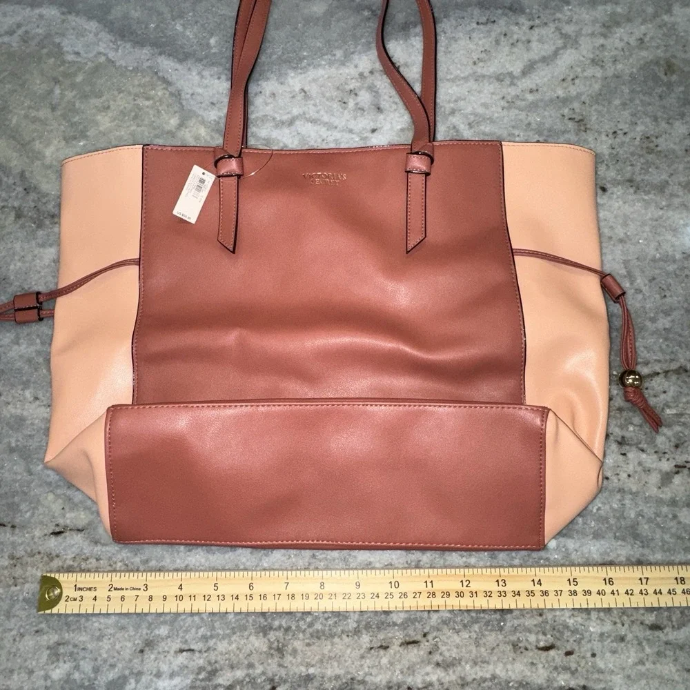 Victoria's Secret Bare Rose Peach Colorblock Faux Leather Large Cinch‎ Tote Bag